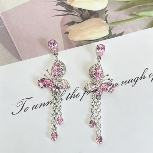 S925 Silver Needle Pink Butterfly Tassel Earrings