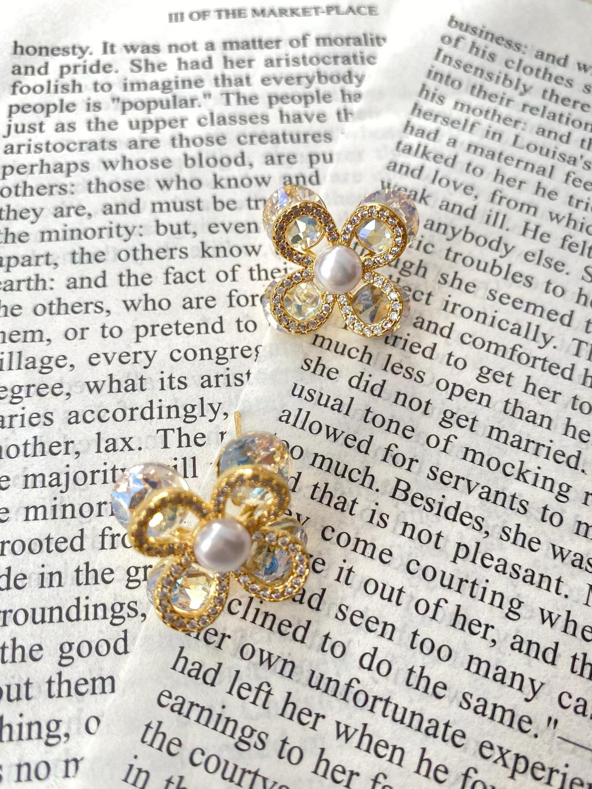Pearl Flower Stud Earrings – Gold-Tone Champagne Floral Earrings with S925 Silver Posts