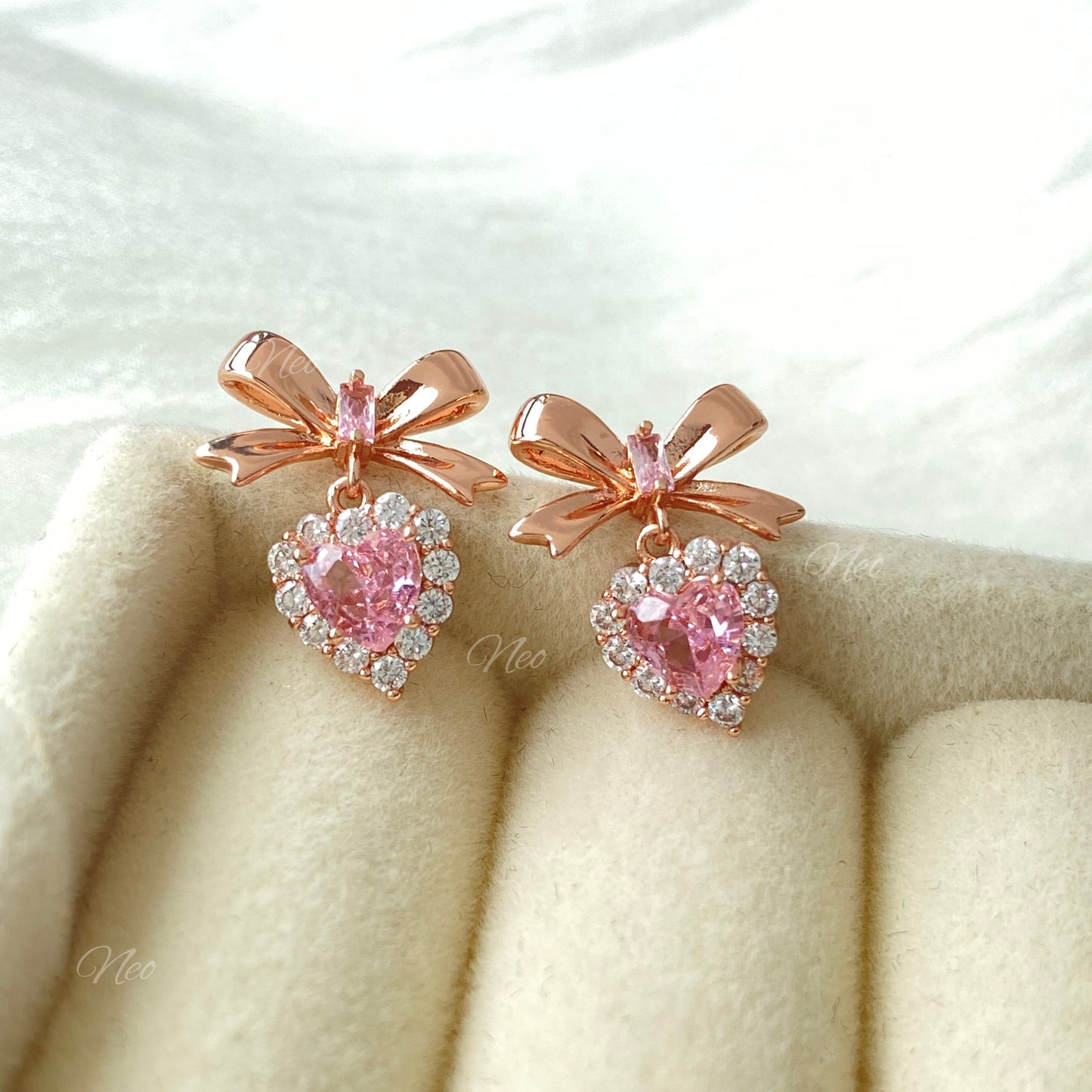 S925 Princess Energy Pink Heart Diamond Bow Earring