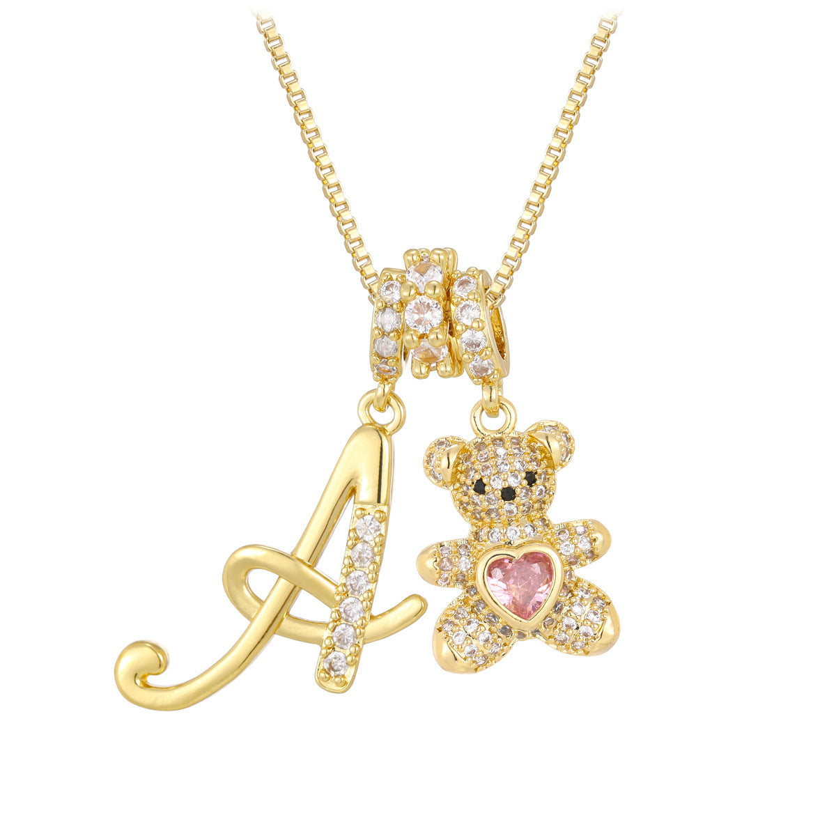 Letter Bear Rhinestone Pendant Necklace +Preserved Rose Gift Box