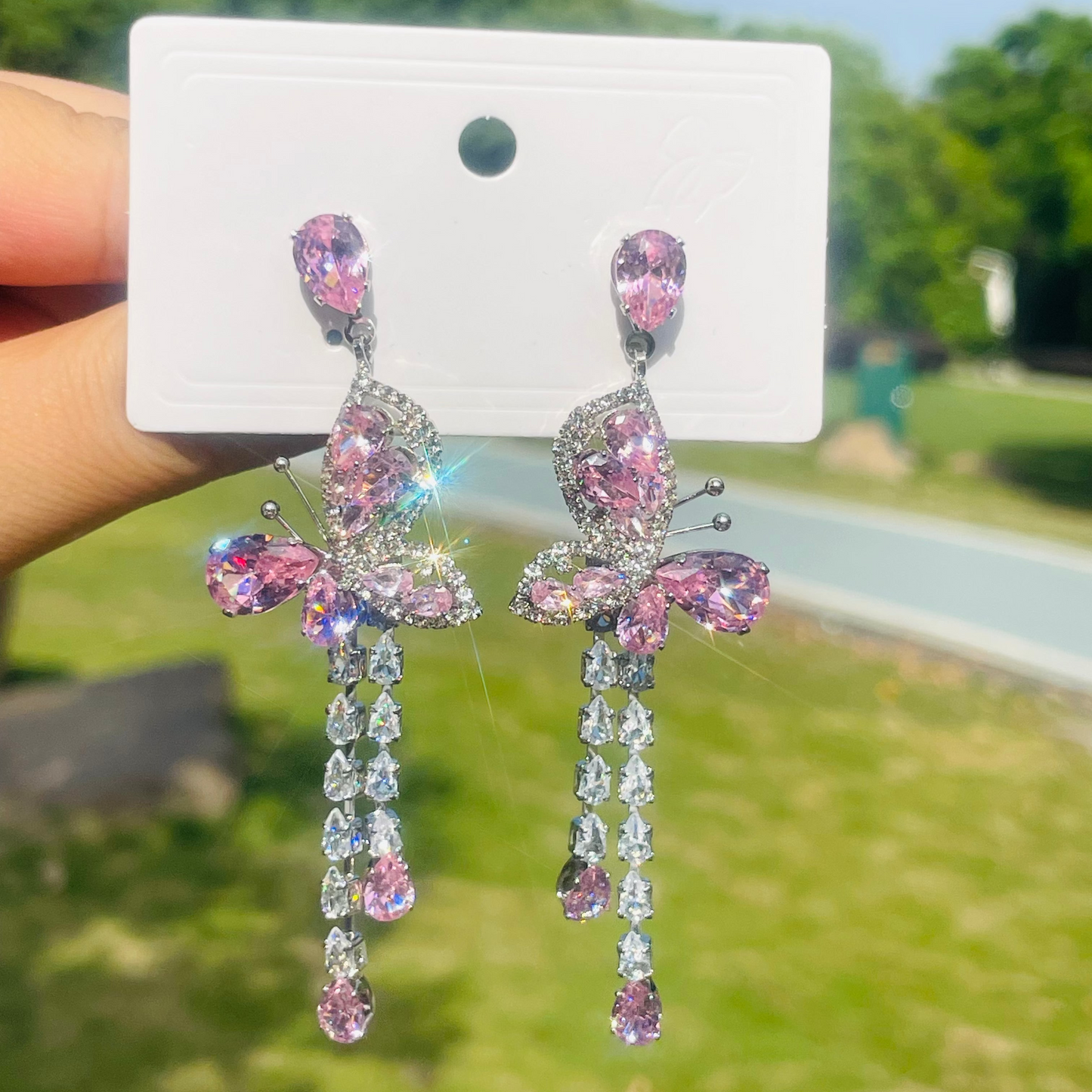 S925 Silver Needle Pink Butterfly Tassel Earrings