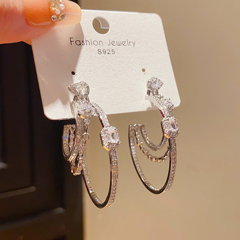 925 Silver Teardrop Tassel Diamond Inlaid Drop Earrings