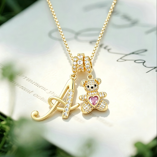 Letter Bear Rhinestone Pendant Necklace +Preserved Rose Gift Box