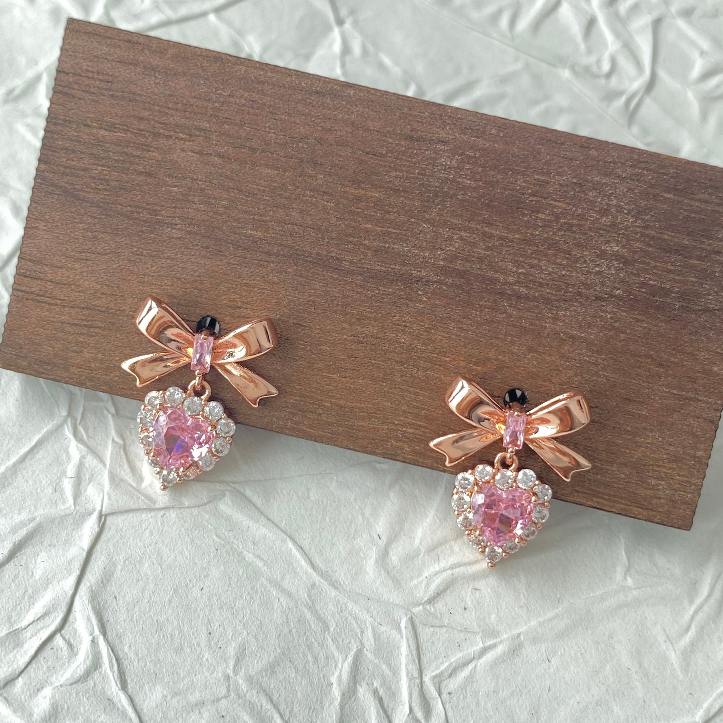 S925 Princess Energy Pink Heart Diamond Bow Earring