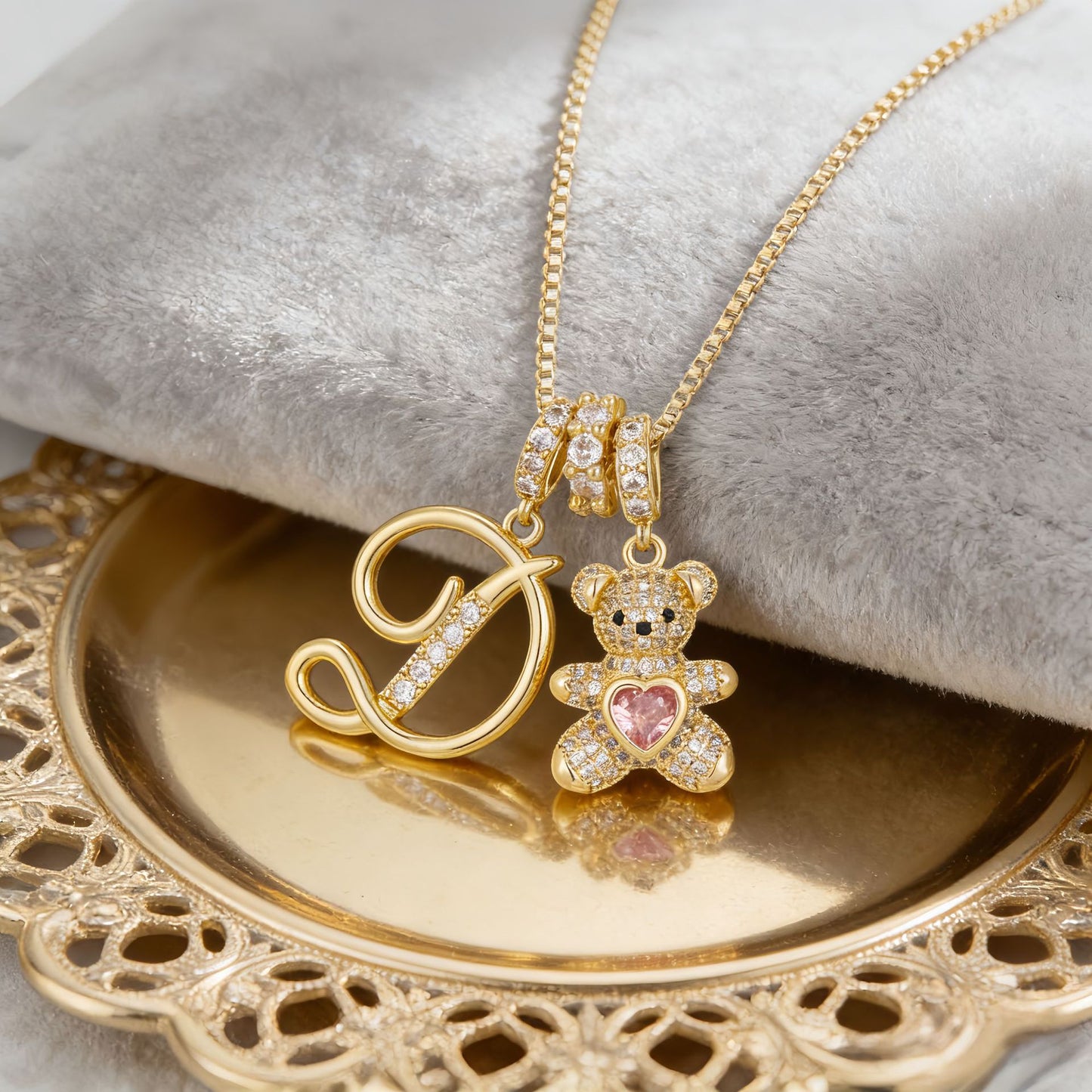 Letter Bear Rhinestone Pendant Necklace +Preserved Rose Gift Box