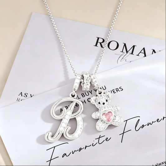 Letter Bear Rhinestone Pendant Necklace +Preserved Rose Gift Box