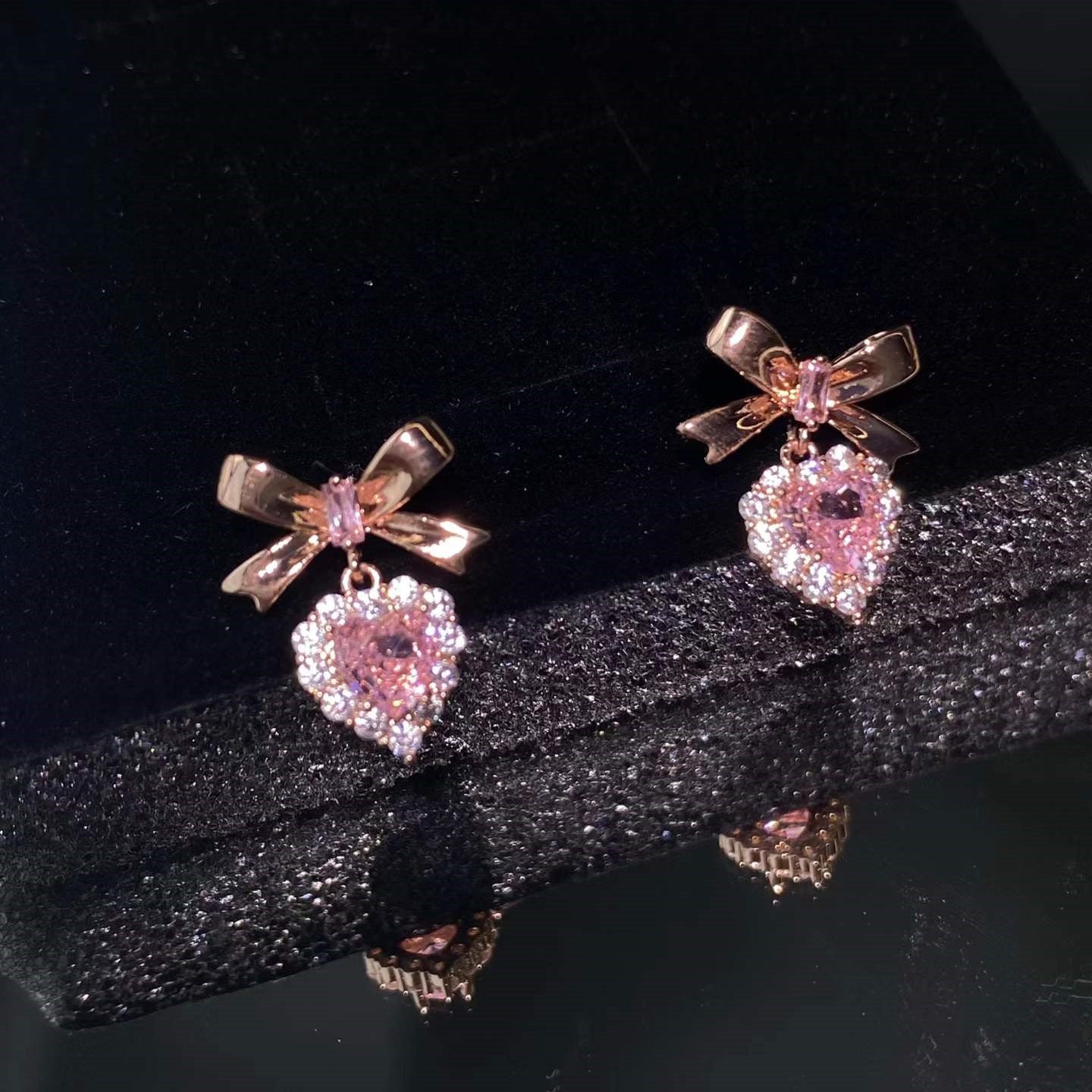 S925 Princess Energy Pink Heart Diamond Bow Earring