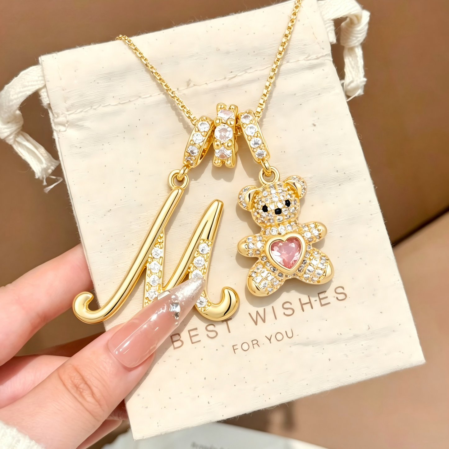 Letter Bear Rhinestone Pendant Necklace +Preserved Rose Gift Box