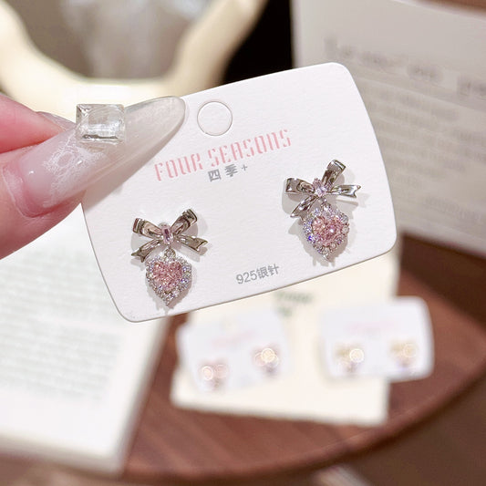 S925 Princess Energy Pink Heart Diamond Bow Earring