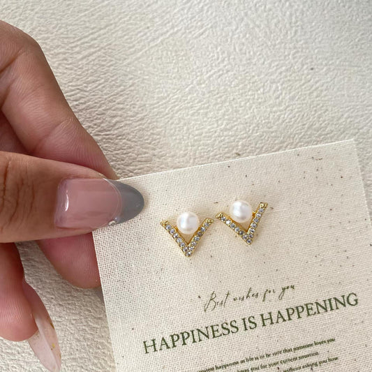 Pearl V Stud Earrings – Gold-Tone Geometric Earrings with S925 Silver Posts