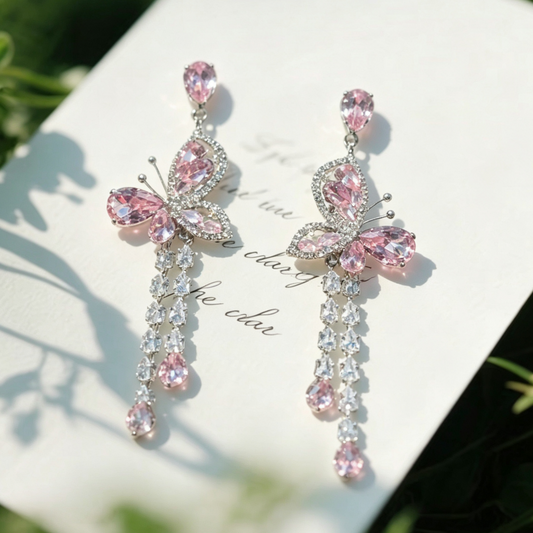S925 Silver Needle Pink Butterfly Tassel Earrings