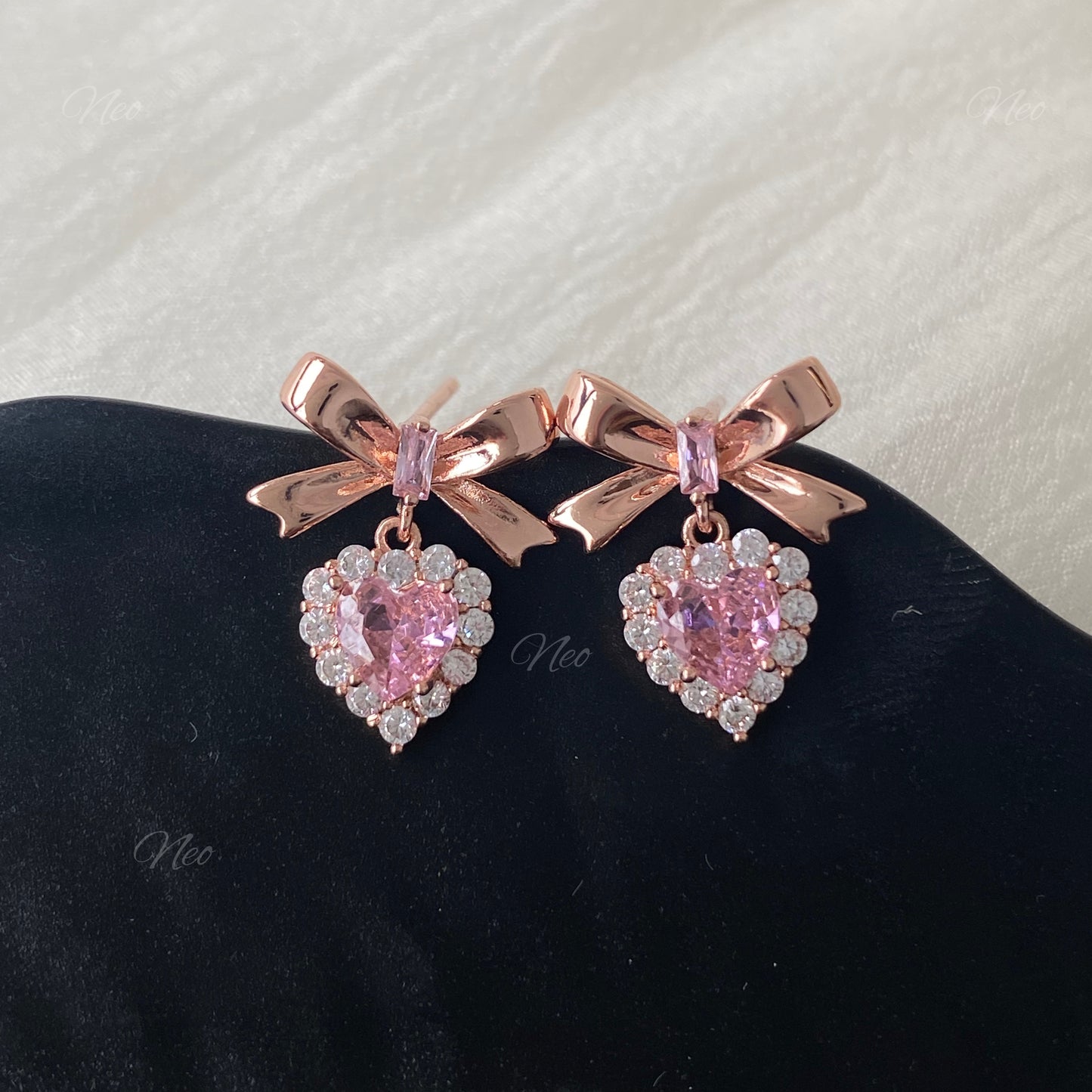 S925 Princess Energy Pink Heart Diamond Bow Earring
