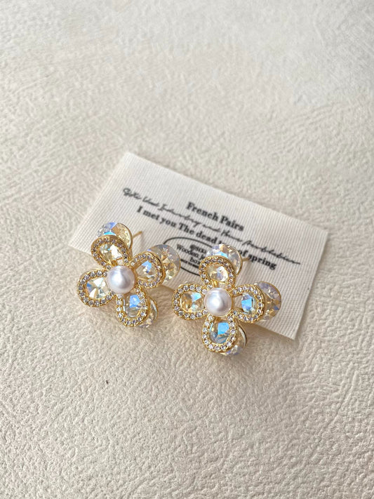 Pearl Flower Stud Earrings – Gold-Tone Champagne Floral Earrings with S925 Silver Posts