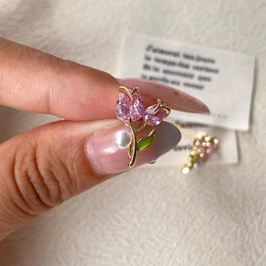 Pink Tulip Stud Earrings – Romantic Floral Earrings with S925 Silver Posts
