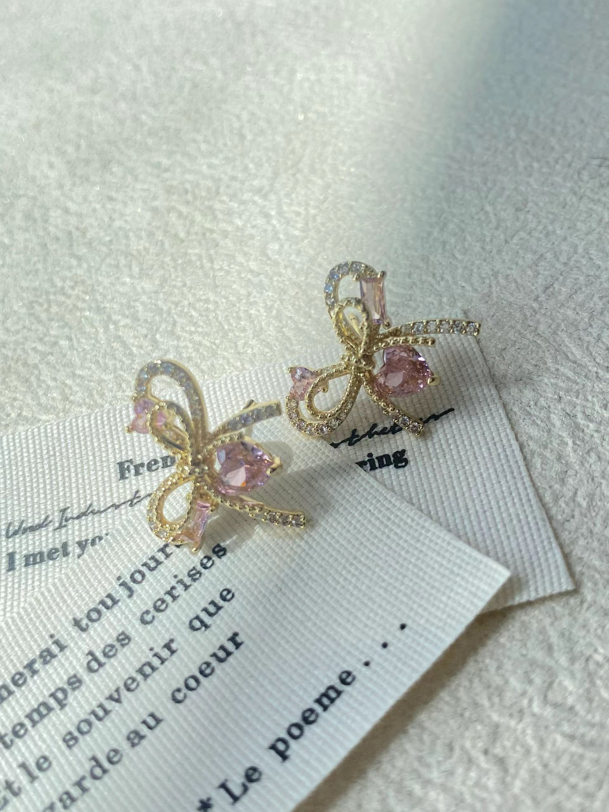 Pink Heart Bow Stud Earrings – Gold-Tone Romantic Earrings with S925 Silver Posts