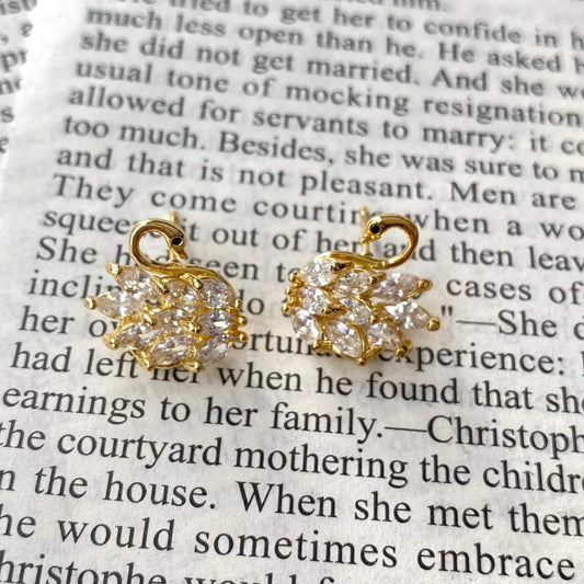 Sparkling Swan Stud Earrings – Gold-Tone Earrings with S925 Silver Posts