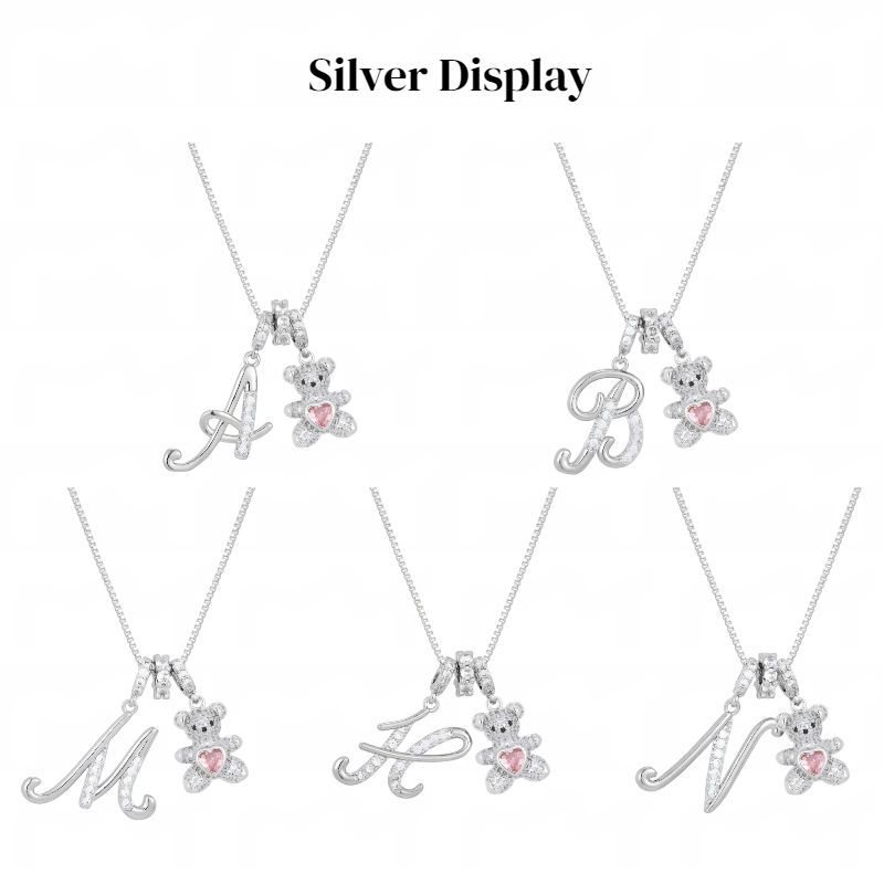 Letter Bear Rhinestone Pendant Necklace +Preserved Rose Gift Box