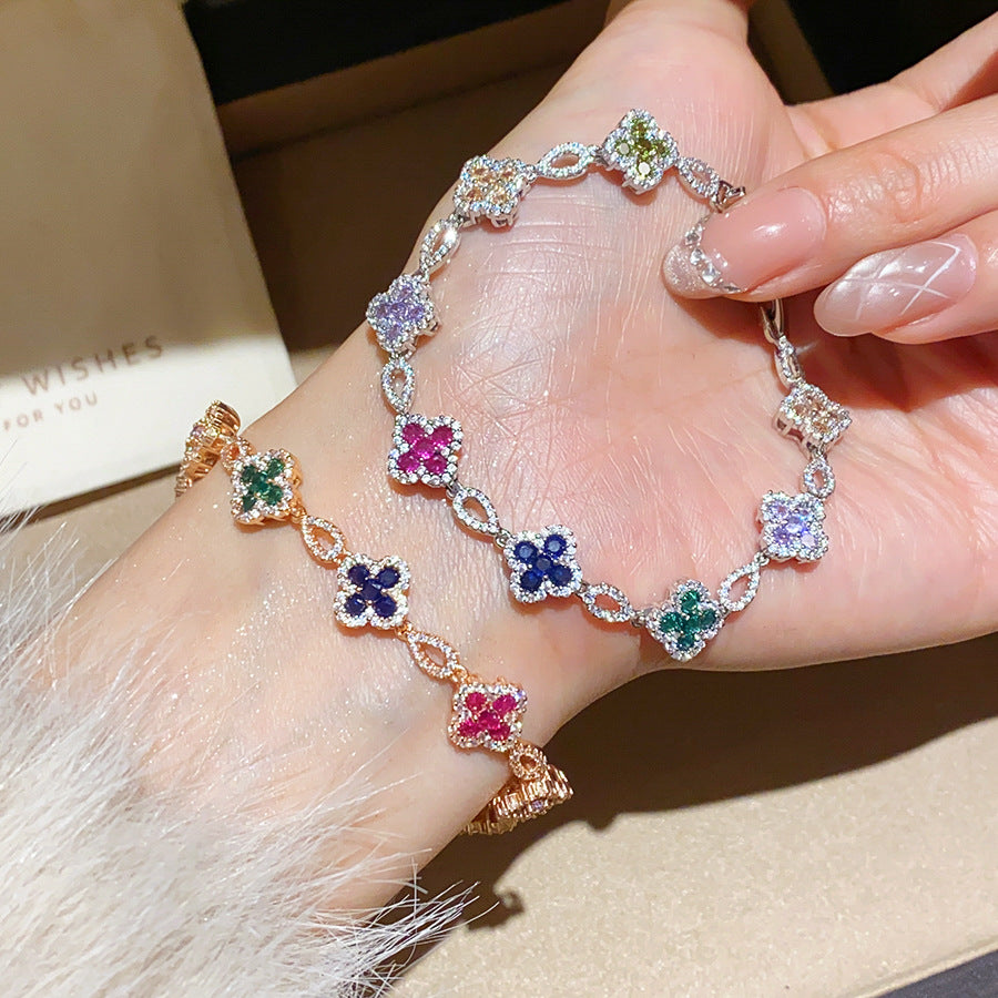 18K Gold Plated Zircon Clover Flower Bracelet with Minimalist Snap Clasp