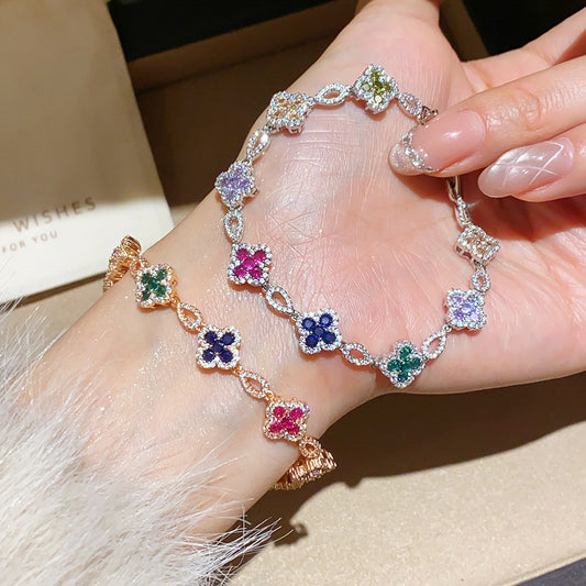 18K Gold Plated Zircon Clover Flower Bracelet with Minimalist Snap Clasp