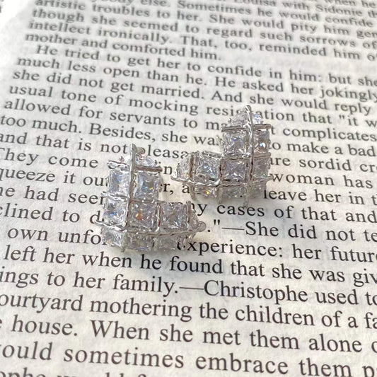 Silver Geometric Grid Stud Earrings – Square-Cut Statement Earrings with S925 Silver Posts