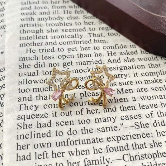 Sparkling Star Bow Stud Earrings – Gold-Tone Romantic Earrings with S925 Silver Posts