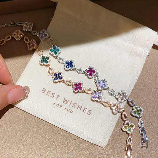 18K Gold Plated Zircon Clover Flower Bracelet with Minimalist Snap Clasp