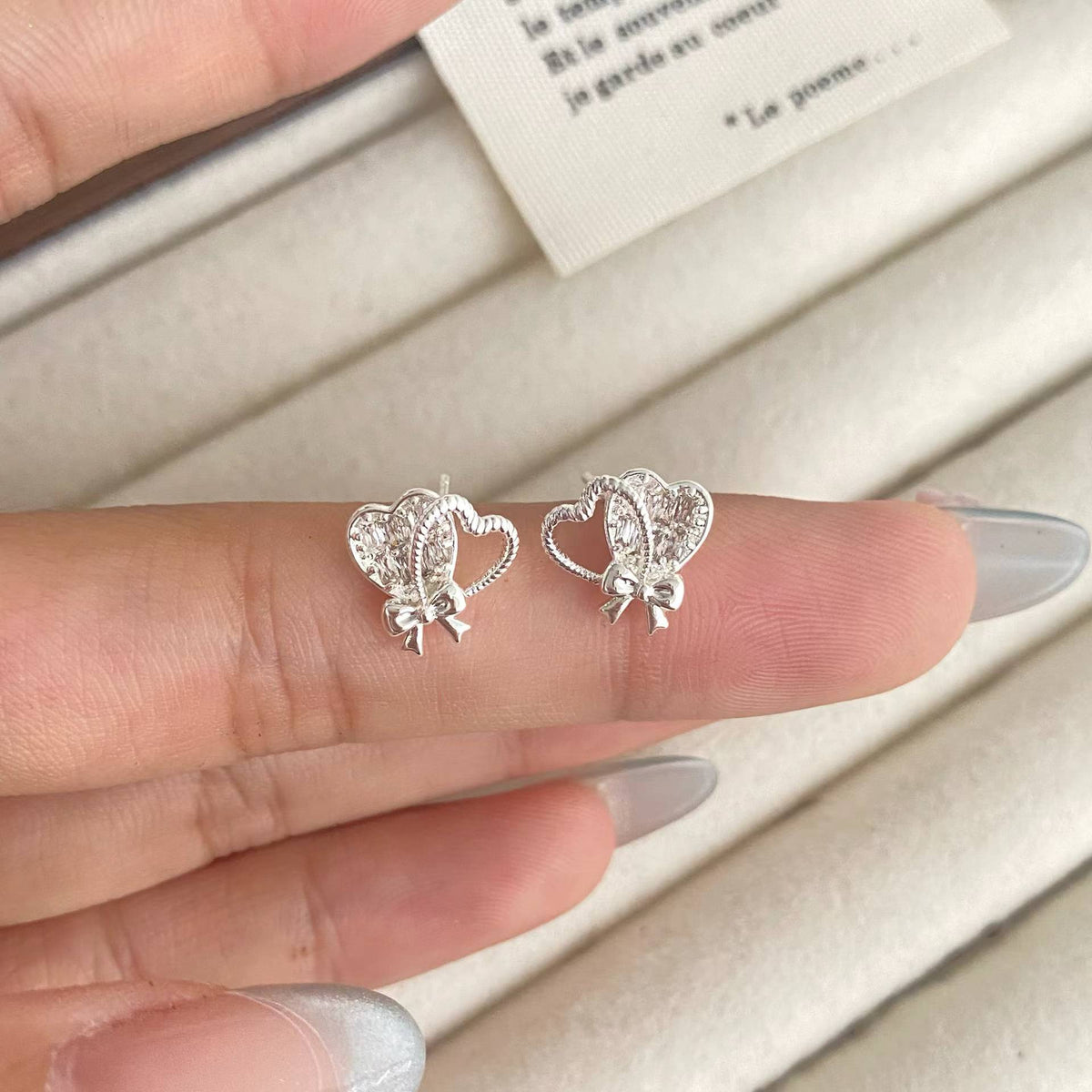Silver Heart Bow Stud Earrings – Romantic S925 Silver Post Earrings