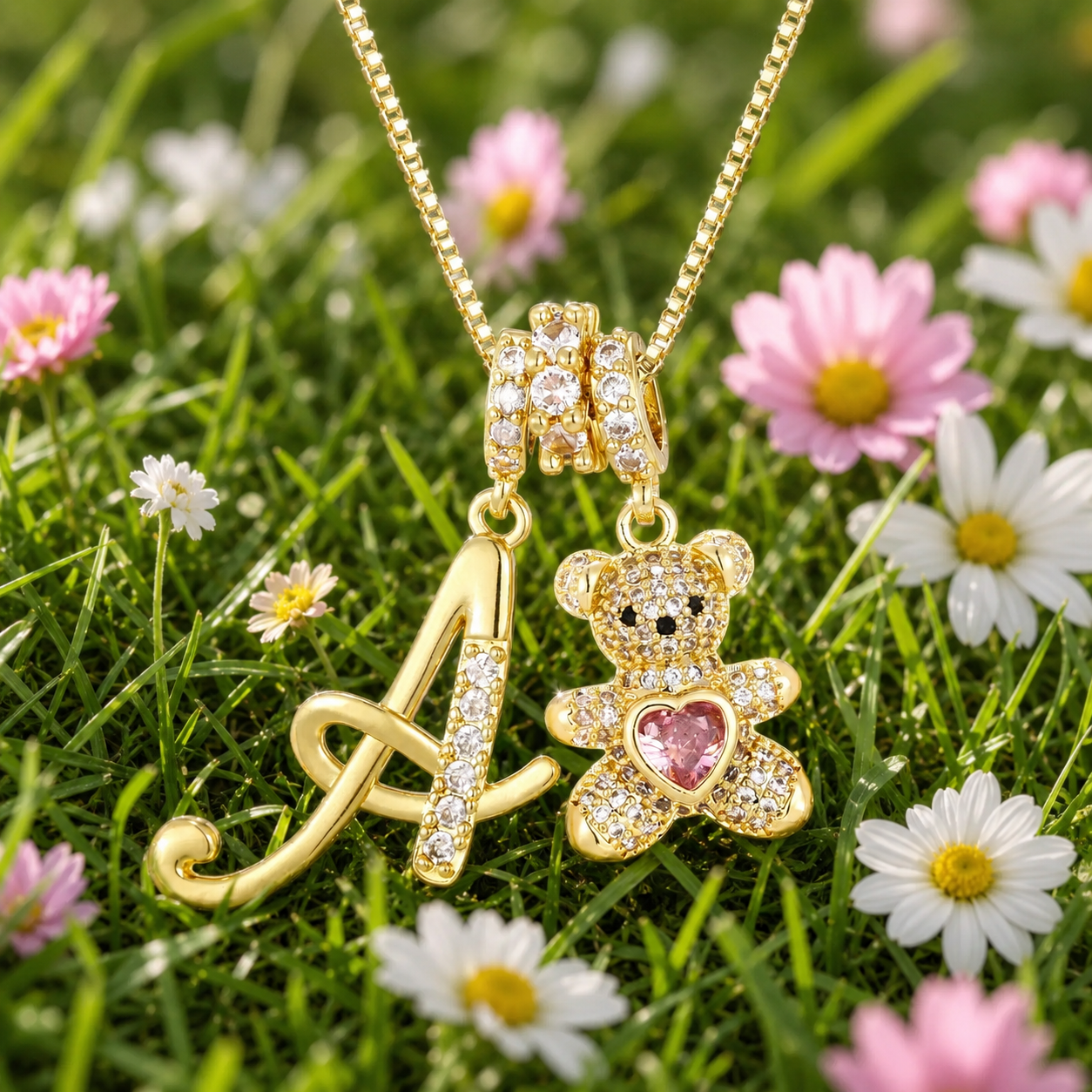 Letter Bear Rhinestone Pendant Necklace +Preserved Rose Gift Box