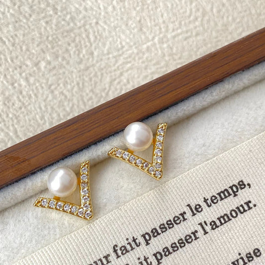 Pearl V Stud Earrings – Gold-Tone Geometric Earrings with S925 Silver Posts