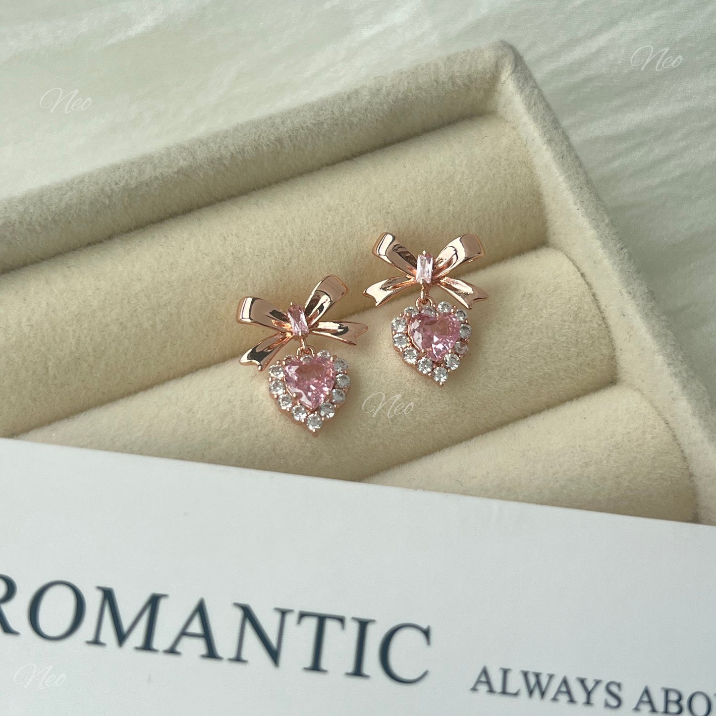S925 Princess Energy Pink Heart Diamond Bow Earring