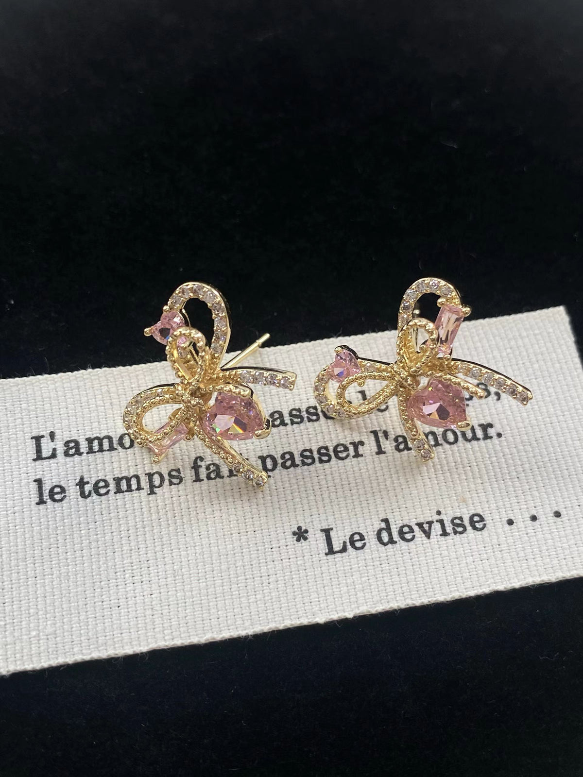Pink Heart Bow Stud Earrings – Gold-Tone Romantic Earrings with S925 Silver Posts
