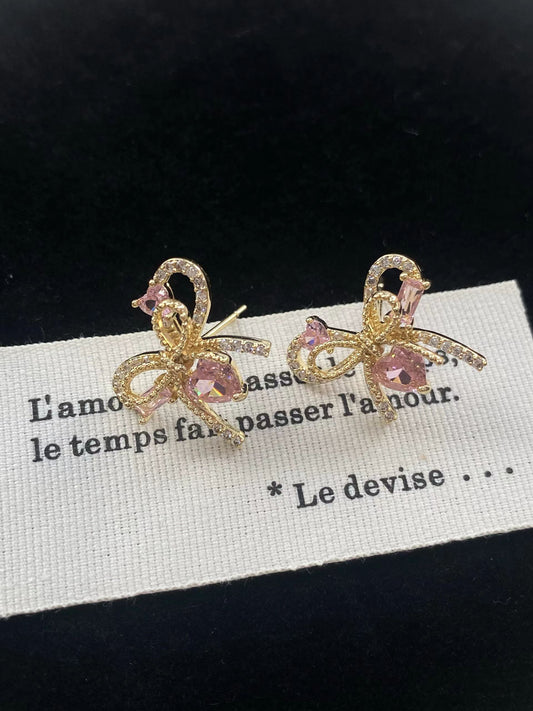 Pink Heart Bow Stud Earrings – Gold-Tone Romantic Earrings with S925 Silver Posts