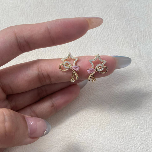 Sparkling Star Bow Stud Earrings – Gold-Tone Romantic Earrings with S925 Silver Posts