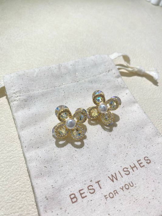 Pearl Flower Stud Earrings – Gold-Tone Champagne Floral Earrings with S925 Silver Posts
