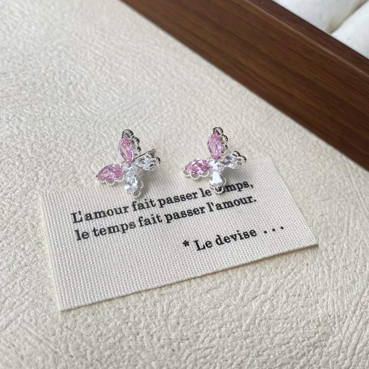 Pink Butterfly Stud Earrings – Silver-Tone Sparkling Earrings with S925 Silver Posts