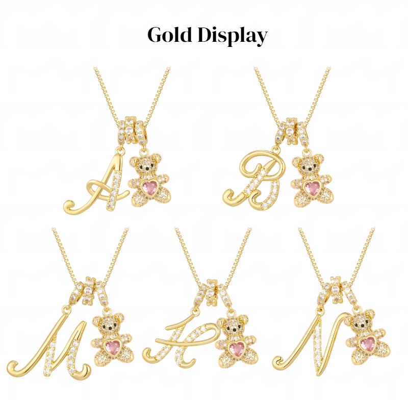 Letter Bear Rhinestone Pendant Necklace +Preserved Rose Gift Box