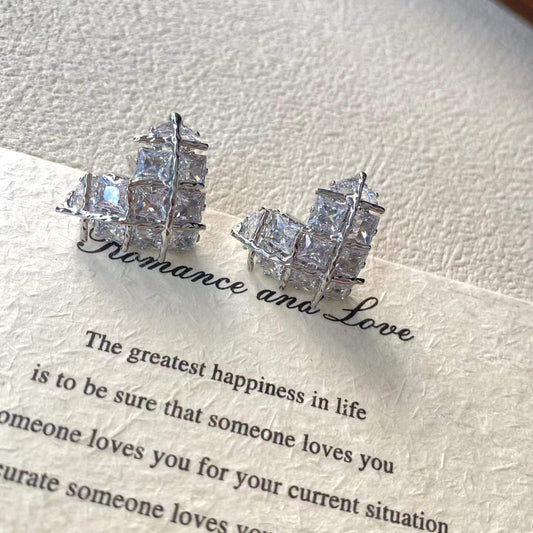 Silver Geometric Grid Stud Earrings – Square-Cut Statement Earrings with S925 Silver Posts