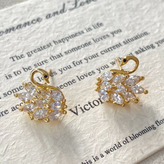 Sparkling Swan Stud Earrings – Gold-Tone Earrings with S925 Silver Posts