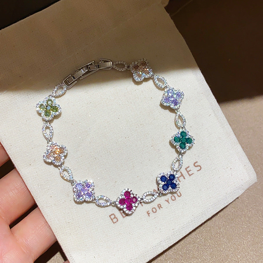 18K Gold Plated Zircon Clover Flower Bracelet with Minimalist Snap Clasp