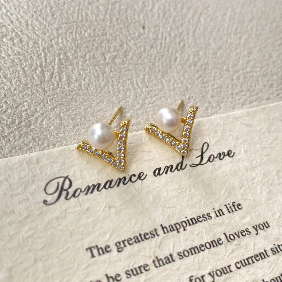 Pearl V Stud Earrings – Gold-Tone Geometric Earrings with S925 Silver Posts