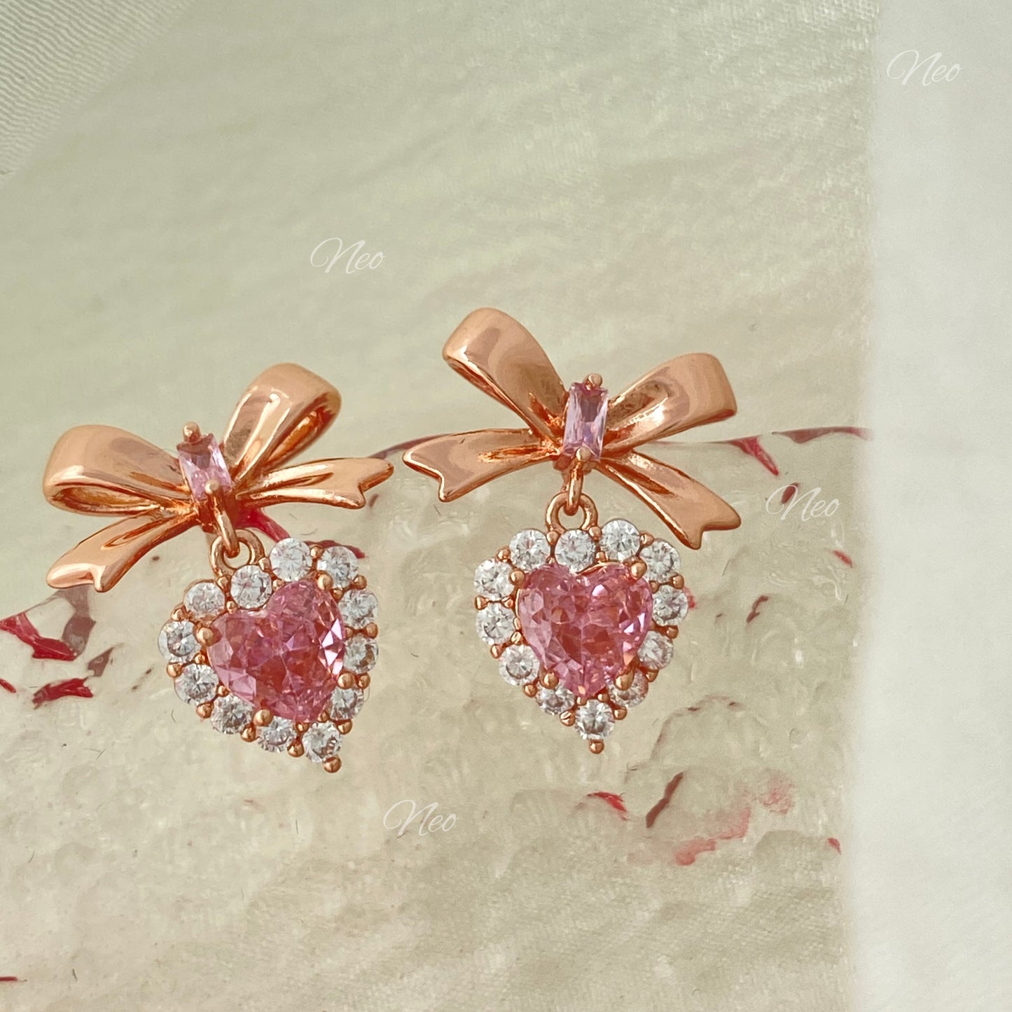 S925 Princess Energy Pink Heart Diamond Bow Earring
