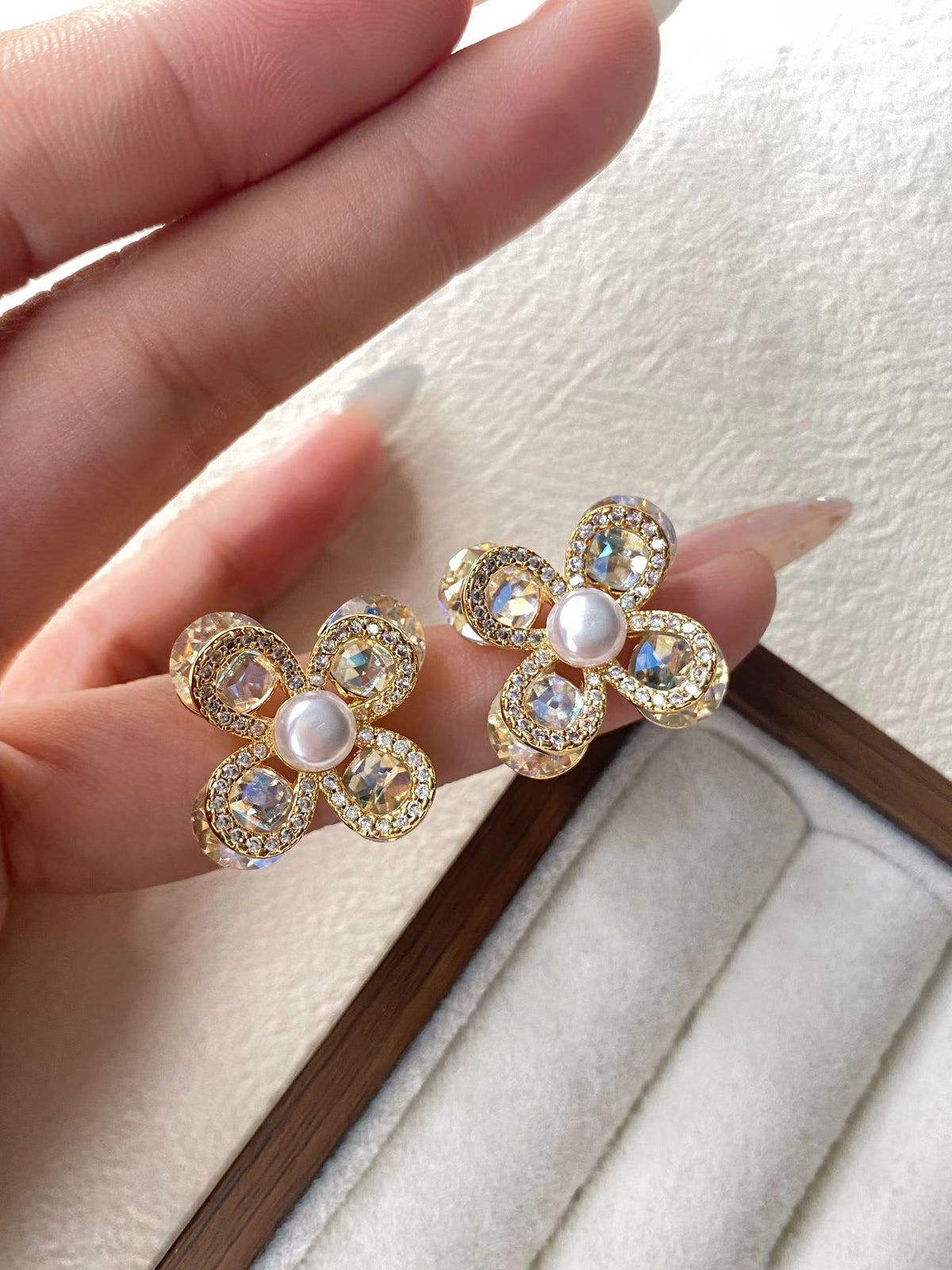 Pearl Flower Stud Earrings – Gold-Tone Champagne Floral Earrings with S925 Silver Posts