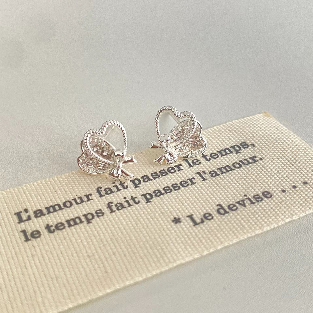 Silver Heart Bow Stud Earrings – Romantic S925 Silver Post Earrings