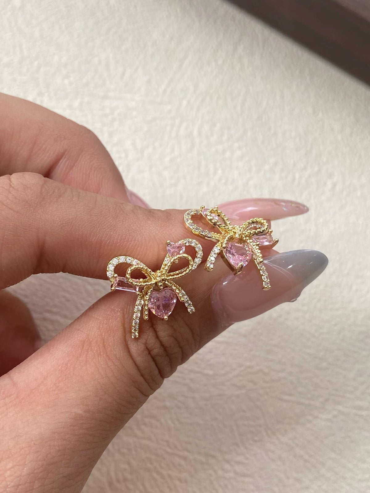 Pink Heart Bow Stud Earrings – Gold-Tone Romantic Earrings with S925 Silver Posts