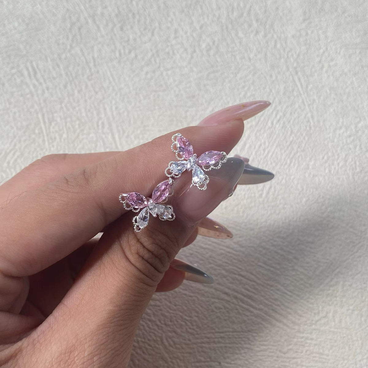 Pink Butterfly Stud Earrings – Silver-Tone Sparkling Earrings with S925 Silver Posts
