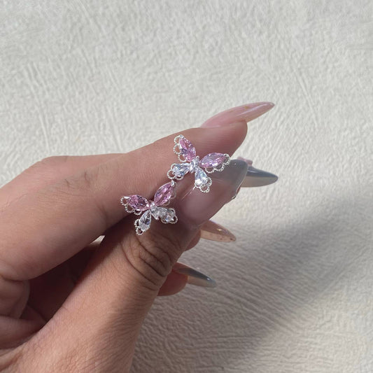 Pink Butterfly Stud Earrings – Silver-Tone Sparkling Earrings with S925 Silver Posts