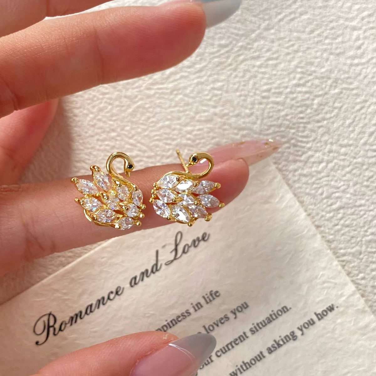 Sparkling Swan Stud Earrings – Gold-Tone Earrings with S925 Silver Posts
