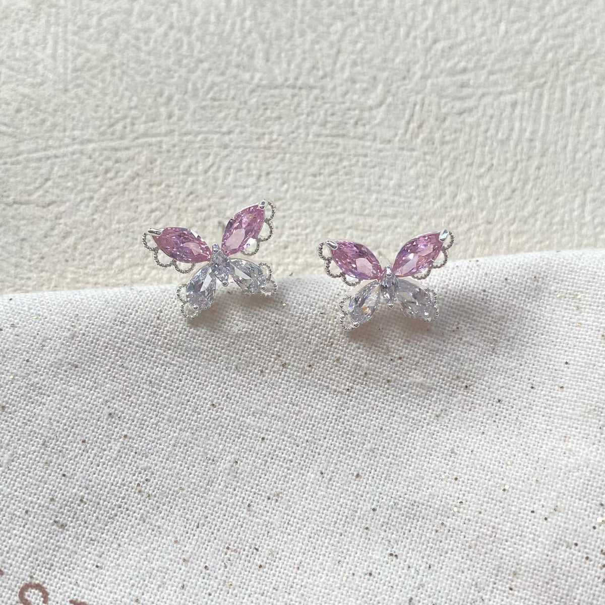 Pink Butterfly Stud Earrings – Silver-Tone Sparkling Earrings with S925 Silver Posts
