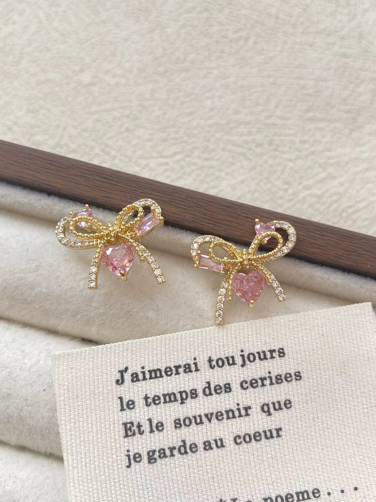 Pink Heart Bow Stud Earrings – Gold-Tone Romantic Earrings with S925 Silver Posts