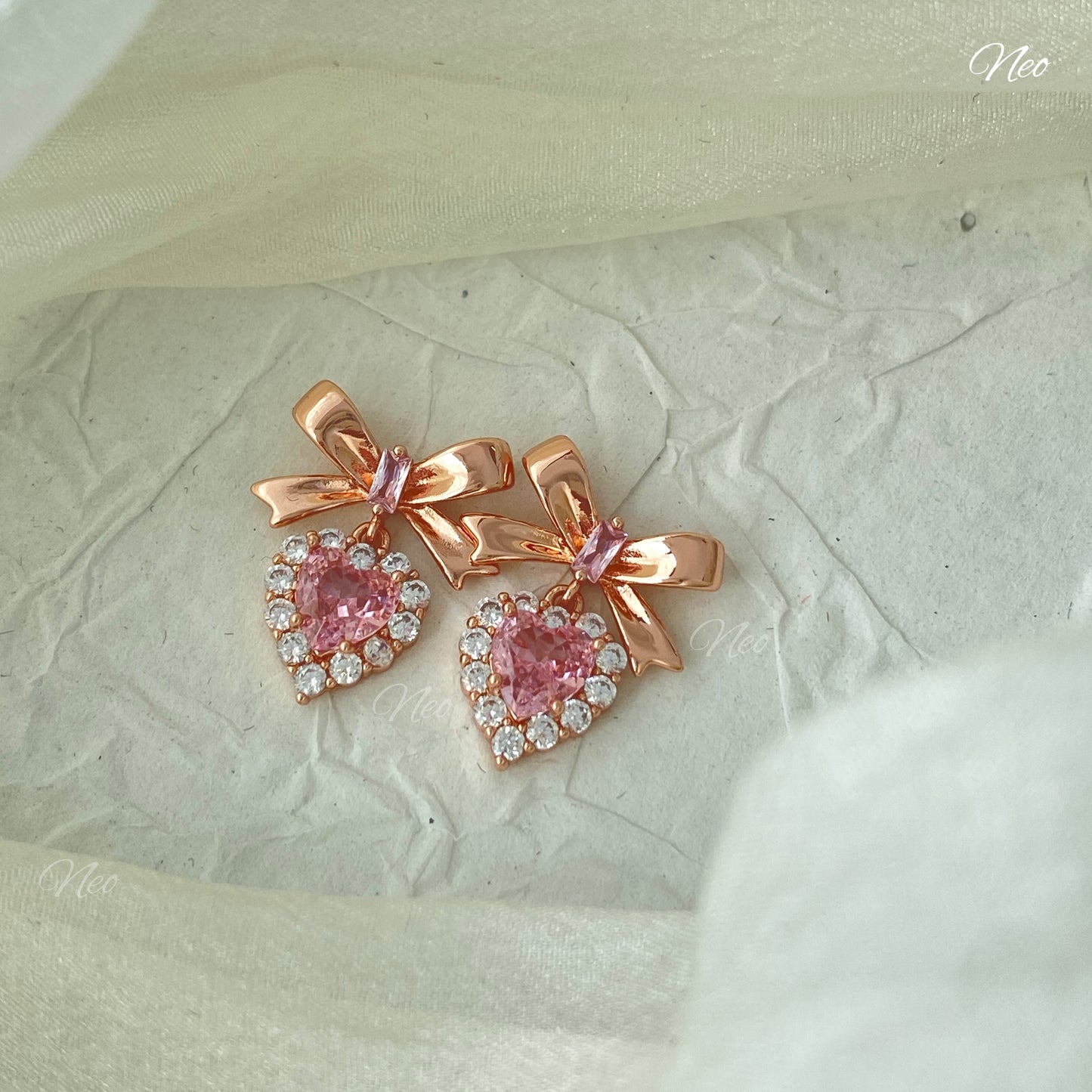 S925 Princess Energy Pink Heart Diamond Bow Earring